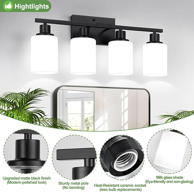 4-Light Bathroom Light Fixtures, Matte Black Vanity Lights with Milk Glass Shades, Modern Bathroom Wall Lamp for Mirror Living Room Bedroom Porch