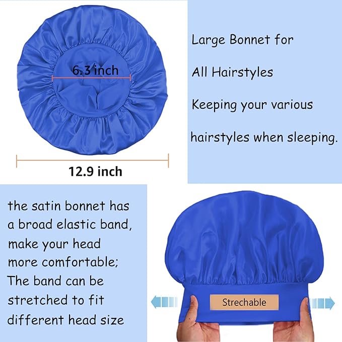 3 Pack Satin Bonnet Silk Hair Bonnet for Sleeping, Sleep Bonnets for Women Large Wide Soft Band Sleep Cap for Curly Hair Braids