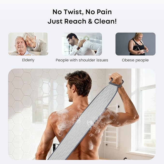 Exfoliating Back Scrubber with Plastic Handles for Shower, 36 Inches Bath Back Exfoliator Body Cleaner for Men, Women and Elderly, Dual-Sided Roughness Back Washer for Deep Cleansing