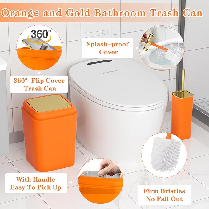 Orange Bathroom Accessories Set, Orange and Gold Bathroom Accessories with Trash Can, Soap Dispenser, Soap Dish, Toothbrush Holder and Q-tip Holders