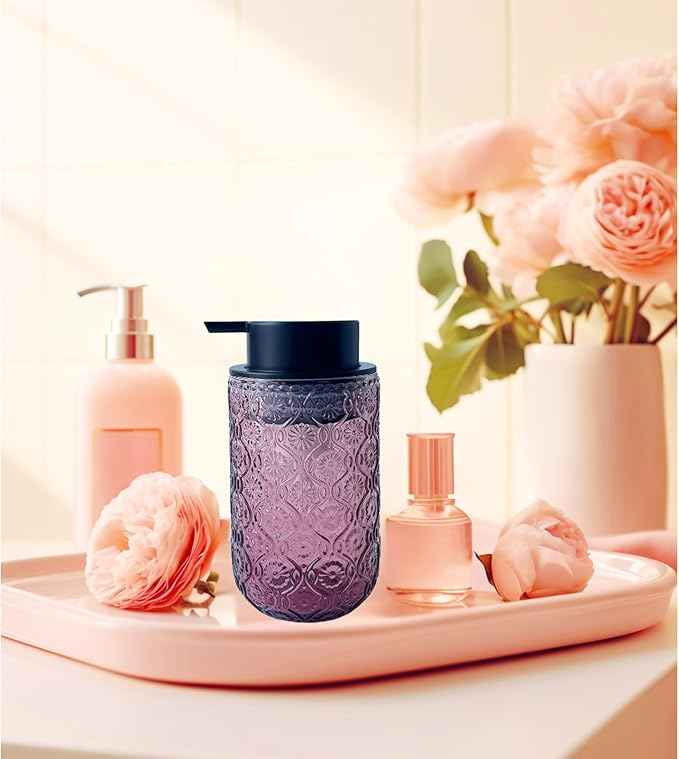 Foaming Hand Soap Dispenser,Vintage Glass Soap and Lotion Dispenser for Bathroom,Kitchen Dish Soap Dispenser with Black Foam Pump (Pink Begonia flowerr+Black Lid)