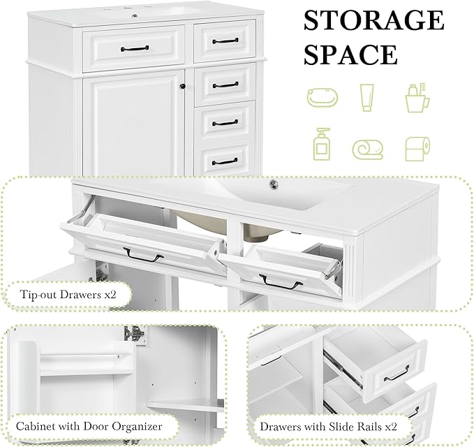 Harper & Bright Designs 36" Bathroom Vanity with Sink, Free Standing Vanity Set with 4 Drawers, Storage Racks, and Adjustable Shelf, Wood Bathroom Cabinet with Ceramic Basin for Bathroom, White