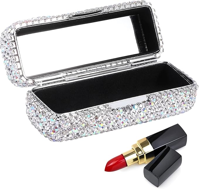 Rhinestone Lipstick Case with Mirror Bling Crystal Lipstick Case Diamonds Makeup Cosmetic Storage Box Holder for Purse(COLOR:White)