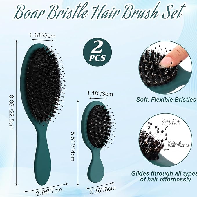 2 Pcs Green Boar Bristle Hair Brush Set Full-size and Travel Size Soft Boars Hairbrushes Natural Bristle Detangling Brush for Women Men Thick Curly Hair Detangling Soften Silky Shine