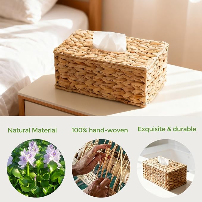 Rectangle Wicker Tissue Box Cover Fits 120-Count (3-Ply) / 160-Count (2-Ply) Boxes, Natural Rattan Woven Facial Tissue Holder, Decorative Tissue Box Holder for Bathroom, Living Room, Office & Desk