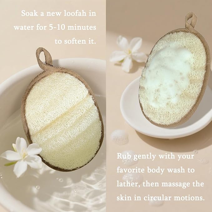 Natural Shower Loofah for Sensitive & All Skin Types, Made with Biodegradable Egyptian Luffa, Gentle Exfoliating Bath Sponge for Women & Men, Large 2 Pack Body Scrubber for Smoother Skin