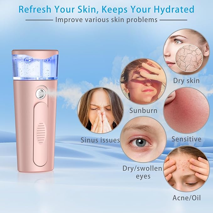 withthesun Portable Nano Face Mister, Facial Steamer, USB Rechargeable Cool Mist Sprayer, 40ml Visual Water Tank, Nano Mister for Eyelash Extensions, Facial Deep Cleaning, Makeup-Pink