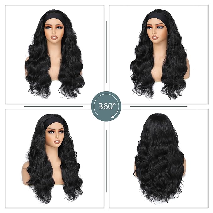 xccoco Black HeadBand Wigs for Women Long Wavy Headband Wigs 24inch Put On and Go Glueless Half Wig Loose Wave Synthetic Long Wigs for Women 200% Density