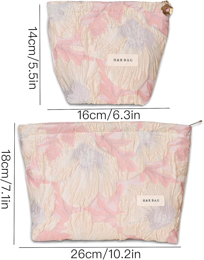 2 PCS Makeup Bag Small Cute Makeup Pouch Floral Cosmetic Bag for Women，Soft Toiletry Bag Pouch for Purse, Stereoscopic Emboss Craft Makeup Bag with Zipper（ Relief Pink Flower）