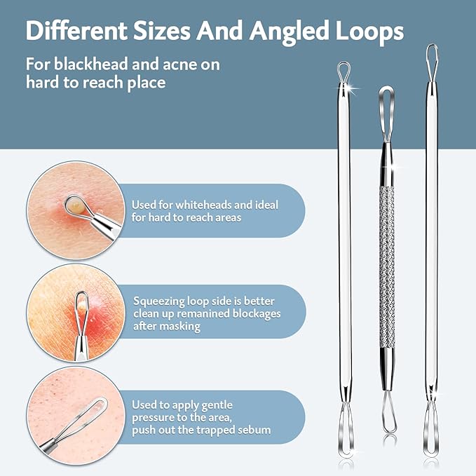 MENOLY Pimple Popper Tool Kit 10 Pcs Blackhead Remover Tool Zit Popper for Blemish, Pimple Comedone Extractor Acne Tool for Blackheads, Acnes, Whiteheads Nose Face with Leather Bag