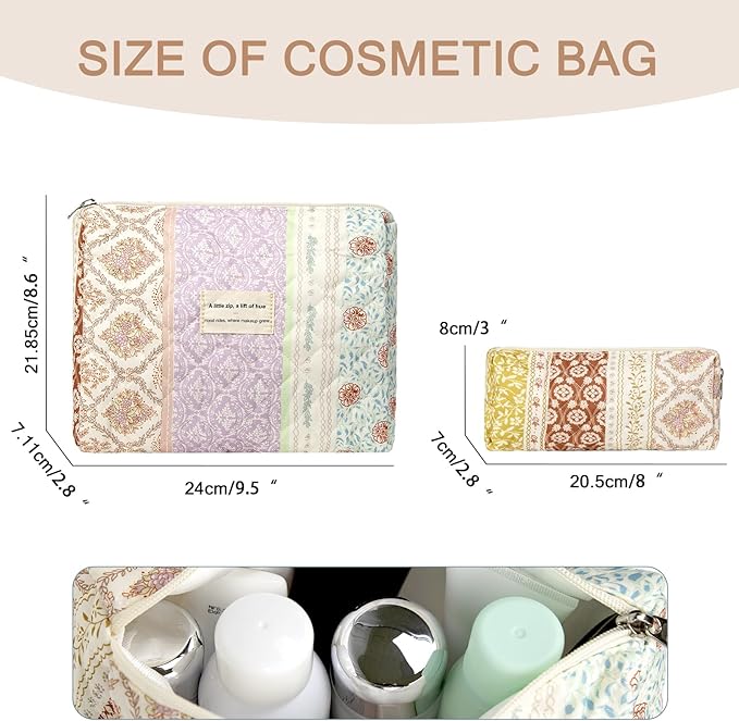 2PC Makeup Bag Set, Cute Cosmetic Bag for Women Girls, Floral Coquette Aesthetic Toiletry Bag, Travel Make Up Organizer Bag (Color-Coded Floral)