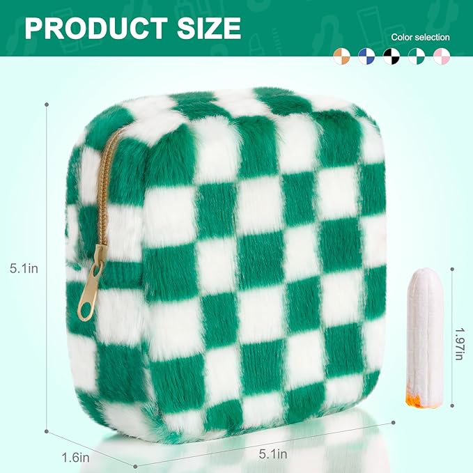 Sanitary Napkin Storage Bag, Zipper Period Bag, Checkered Portable Menstrual Pad Bag Panty Liners, Tampon Storage Pouch for Women Ladies Daily Use Storage Purse Travel