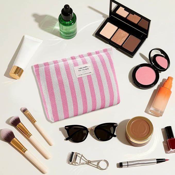 ZLFSRQ Striped Makeup Bag Large Canvas Travel Makeup Bag for Women Cosmetic Pouch Cute Pink Striped Make Up Pouch for Purse Y2k Aesthetic Trendy Zippered Toiletry Bags Gift Skincare Storage Organizer
