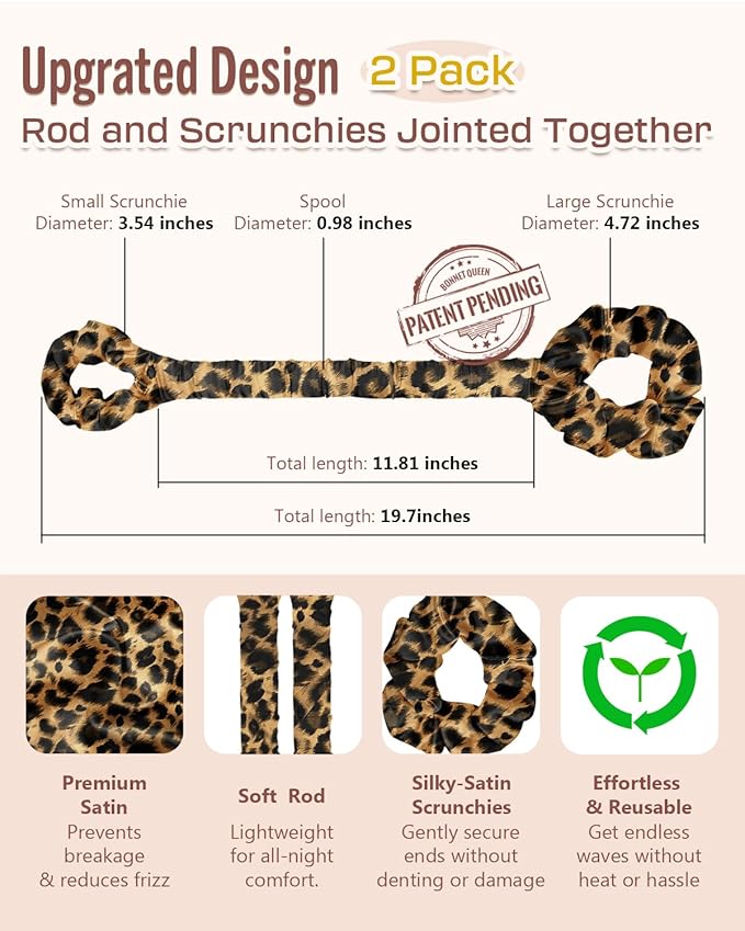 BONNET QUEEN Heatless Hair Curler Set (2Pcs), Heatless Curls Overnight with Satin Hair Rollers, All-in-One Curling Rod for Hair Curlers to Sleep In, Leopard(For Bouncy Curls)