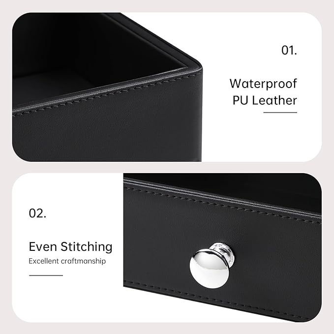 PU Leather Makeup Organizer with Drawer, Waterproof Cosmetic Storage Box, Multifunctional Nightstand Vanity Organizer for Skincare, Perfume, Jewelry, Bathroom Countertop (Black)