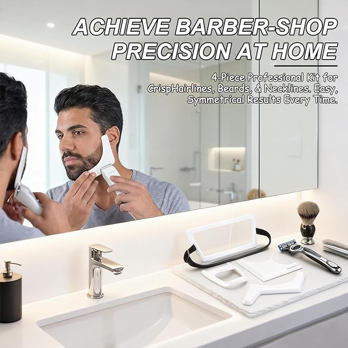 Styling Tools, 4 Styles of Beard Trimming, Reusable Hairline Shaping Tool, Color Spray Edge Line Up Tool, Portable Template Set for Hair and Beard, Clean Hairline Maker for Barbers (White)
