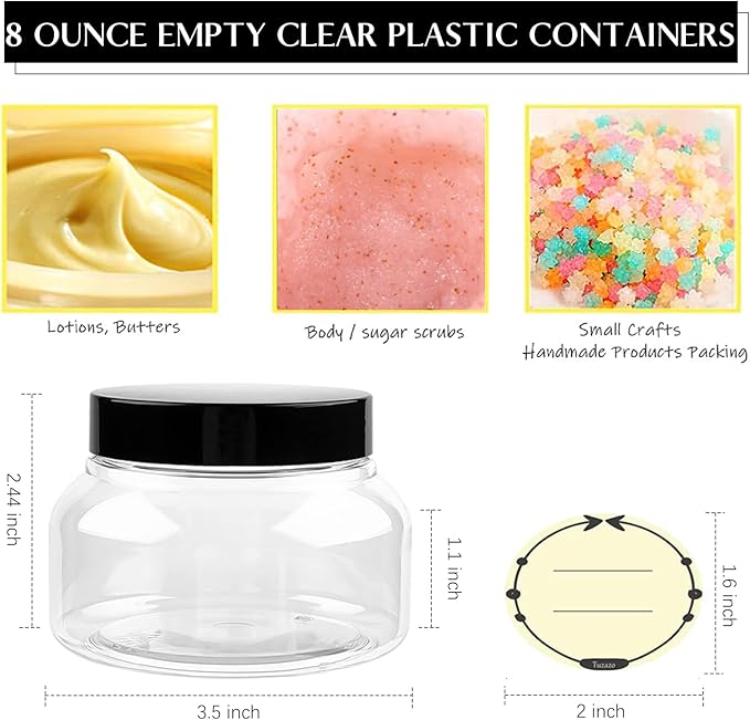 TUZAZO 8 Oz Premium Plastic Tuscany Jars with Lids BPA Free, 12 Pack Empty Sugar Scrub Containers, Round Clear Cosmetic Containers for Body Butter, Lotion, Cream, Gel, Beauty Product