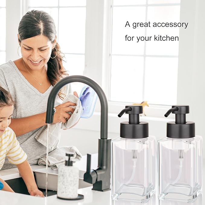 Foaming Soap Dispenser with Stainless Steel Pump, 12oz Refillable Glass Liquid Dish Soap Bottles for Bathroom, Kitchen Sink, Home Decor, 2 Pack