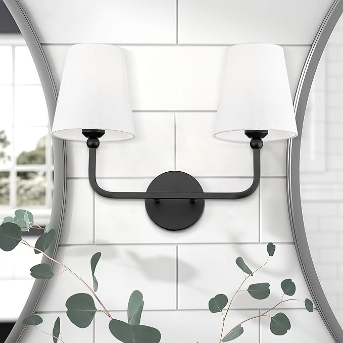 2-Light Bathroom Vanity Light Fixtures in Matte Black Finish, Modern Bedside Wall Sconces with Flared White Fabric Shade for Bathroom, Hallway, Living Room, Kitchen, VL837-MB-2