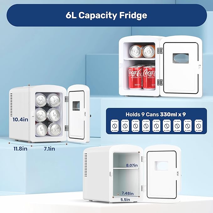Simple Deluxe 6 Liter/9 Can Mini Fridge with Observation Window, Portable Freon-Free Small Refrigerator, Compact Cooler & Warmer for Skincare, Beverage, White