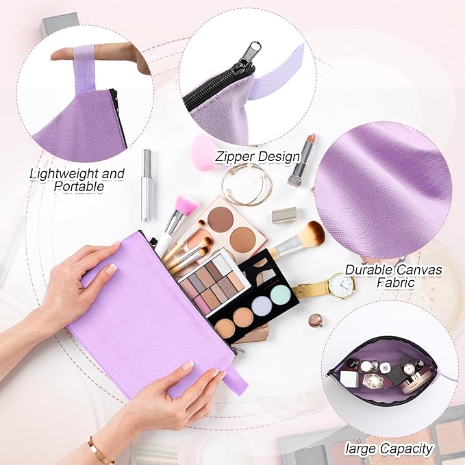 Reginary 60 Pcs Multicolor 60 Pieces Canvas Makeup Bags Bulk Portable Travel Cosmetic Pouch Multipurpose Blank Toiletry Bag with Zipper for Women DIY Craft (9.8 x 5 x 2 Inch)