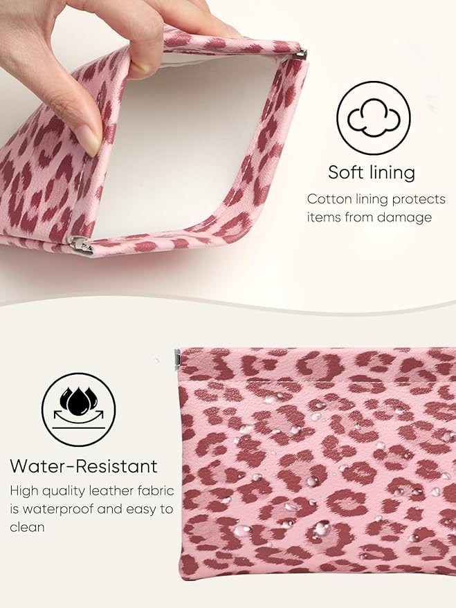 2 Leopard Leather Small Makeup Pouches Set for Women,Cosmetic Accessories,Waterproof and Portable Cosmetic Bags,Self-closing,No Zipper, Aesthetic Storage Pouch,Lipstick for Purse, Pink