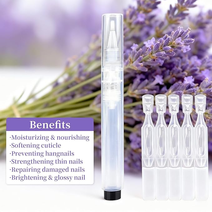 Refillable Cuticle Oil Pen - 1 Empty Nail Oil Pen with 10 x 1.8ml Queeze Cuticle Oil Stick with Vitamin E Jojoba Oil Softener Moisturizer Growth Strength Repair for Thin Damaged Nails（Lavender）