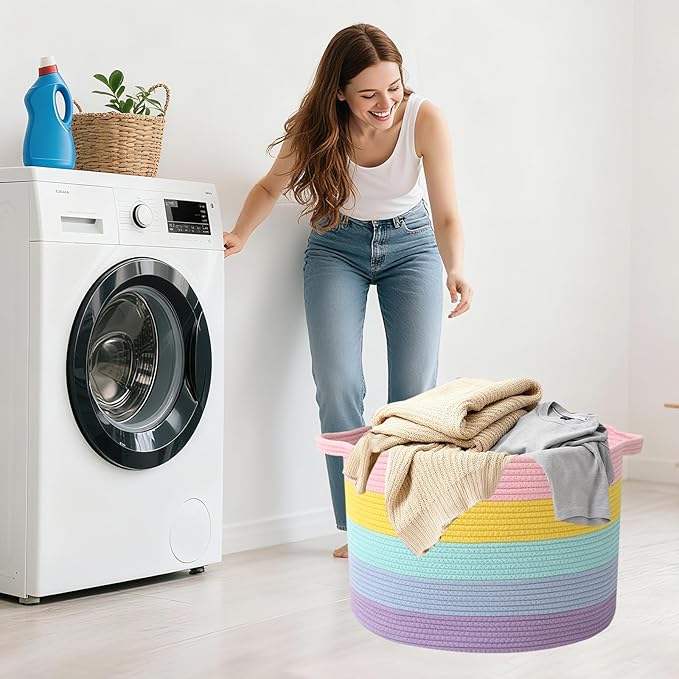 65L Large Blanket Basket,19.7" L x 19.7" W x 13" H Rope Woven Baskets with Handles, Toys Storage Bins,Laundry Basket Perfect for Living Room, Nursery,Bedroom,Home Organization,Colorful