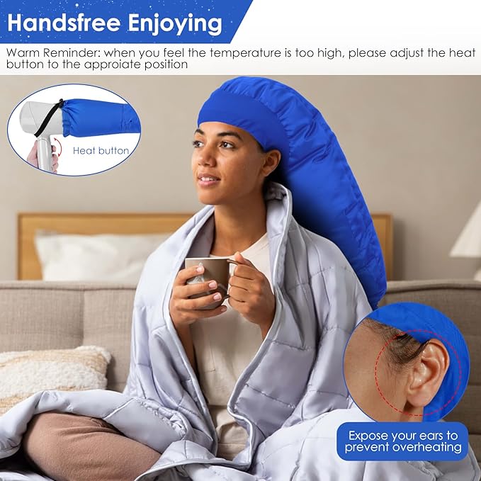 Hair Dryer Bonnet Attachment: Upgraded Extra Large Hooded Dryer Adjustable Hair Dryer Caps - Easy to Use for Natural Curly Textured Hair Care Styling Fast Drying - Blue
