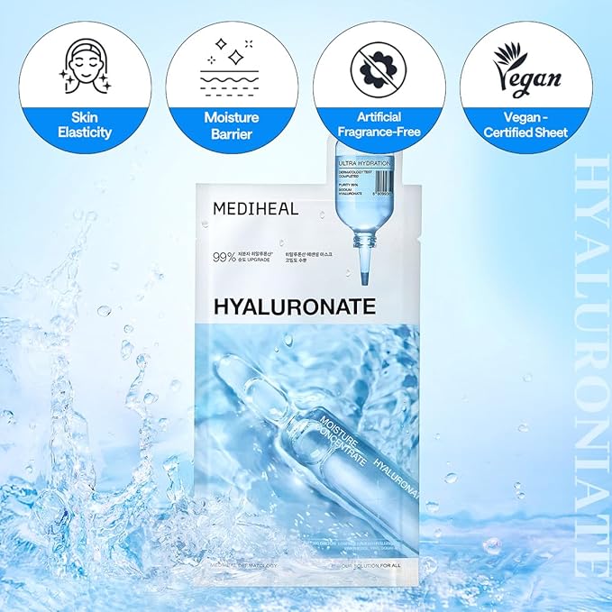 Mediheal Essential Face Mask [Hyaluronic Acid] Ultra Hydration 10 pcs. with 98% Purity Hyaluronic Acid for long-lasting, deep hydration, Moisture Barrier - Travel Size, Vegan Formula Korean Sheet Mask