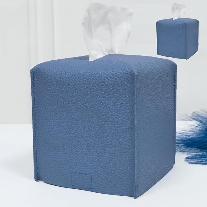 HOMOTEK 2 Pack Tissue Box Cover, Square PU Leather Tissue Holder, Decorative Facial Tissue Cube Paper Organizer Dispenser for Bathroom, Night Stands, Desk, Car 5X5X5'' - Haze Blue, Pebble Grain