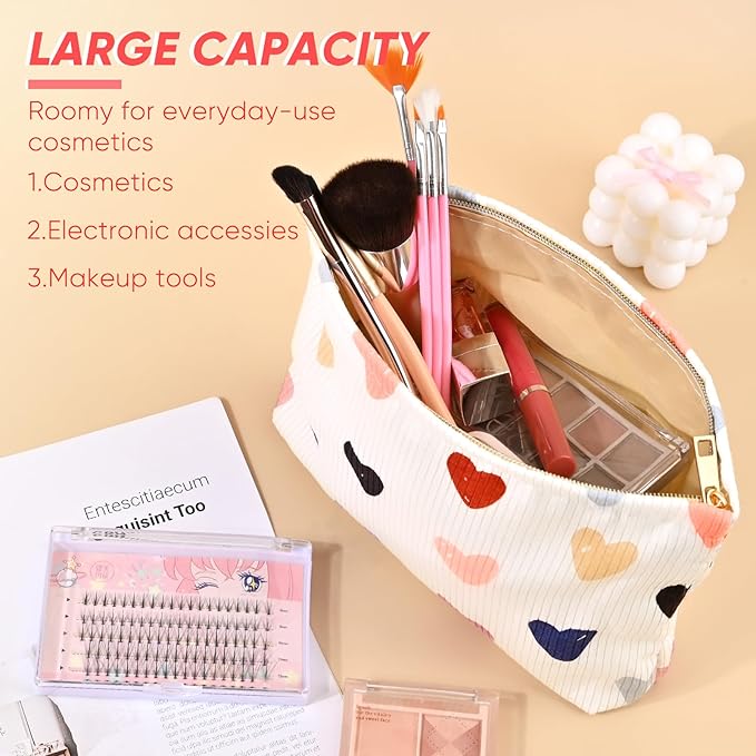 Cute Heart Makeup Pouch for Women Small Make Up Bag for Purse Zipper Initial Makeup Cosmetic Bags Pouches for Purse Aesthetic Travel Toiletry Bags, Colorful Hearts