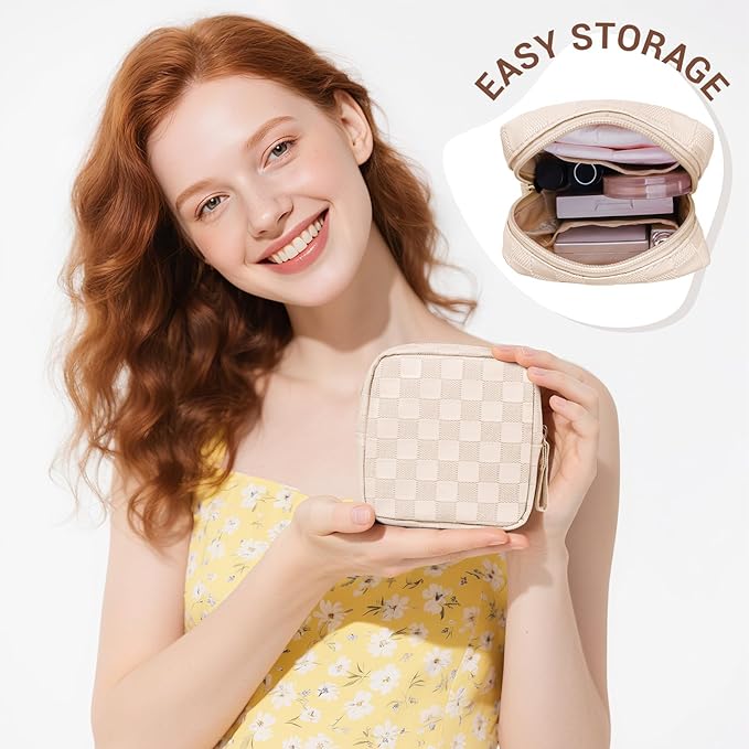 MAGEFY Small Makeup Bag for Purse, Checkered Makeup Bag Small Pouches for purse Leather Mini Make Up Bag Cute Cosmetic Bag for Women with Slip-in Pockets.Beige