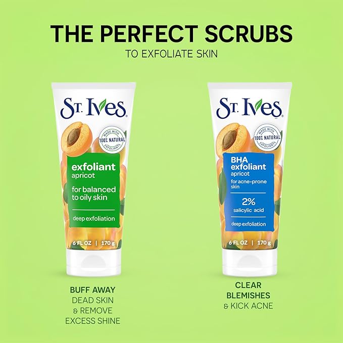 St. Ives Face Scrub, Exfoliant Variety 2-Pack, Fresh Skin & BHA Apricot Scrubs, 6 Oz Ea