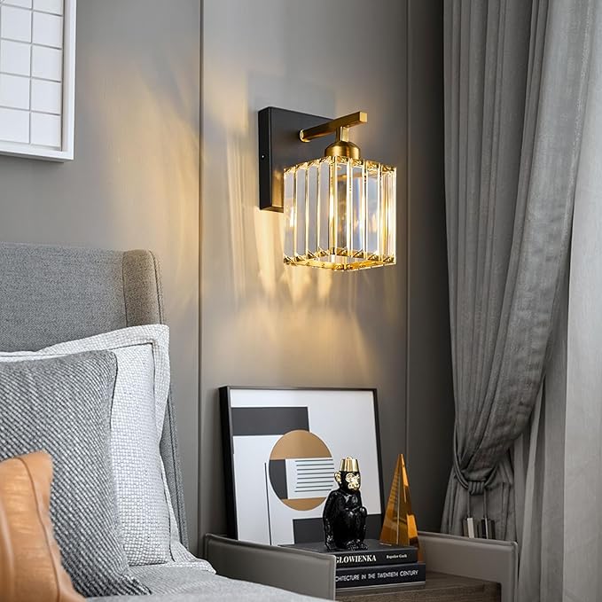 Modern Wall Sconce Set of Two Indoor Wall Lamp Black Gold Wall Sconces Crystal Wall Light Bathroom Vanity Light Fixtures Wall Mounted Room Sconce Wall Lighting