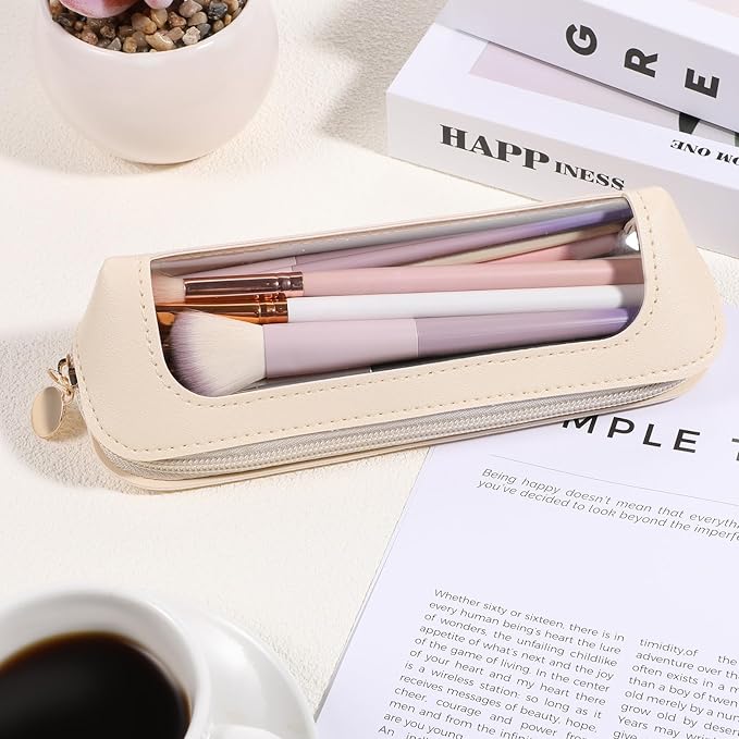 Lusofie Small Clear Makeup Bag, PU Leather Makeup Brush Bag, Portable Clear Make-Up Brush Pouch with Zipper, Multi-use Cosmetic Organizer Bags for Women (Beige)
