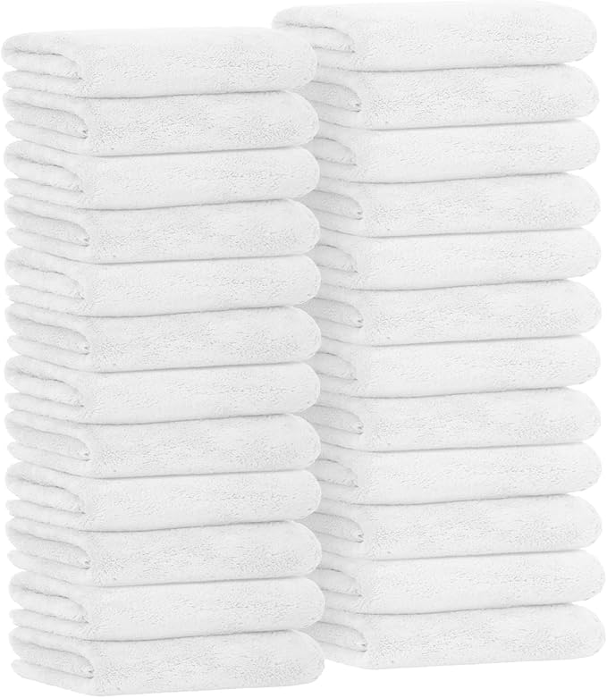 Avalon Towels Microfiber Salon Towel - White Hand Towels Bulk 24 Pack - Lint Free Fleece Microfiber Hand Towel, Soft & Ultra-Absorbent Ideal for Facial Spa & Gym Work Out 16"x26" (Not Bleach Proof)