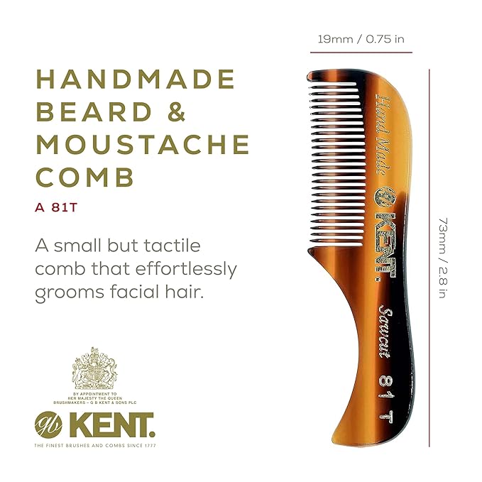 Kent A 81T X-Small Men's Beard Mustache Mini Pocket Comb, Fine Toothed Pocket for Facial Hair Grooming and Styling. Hand-Made of Quality Cellulose Acetate, Saw-cut Hand Polished. Made in England
