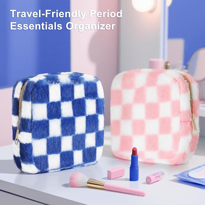 Sanitary Napkin Storage Bag, Zipper Period Bag, Checkered Portable Menstrual Pad Bag Panty Liners, Tampon Storage Pouch for Women Ladies Daily Use Storage Purse Travel