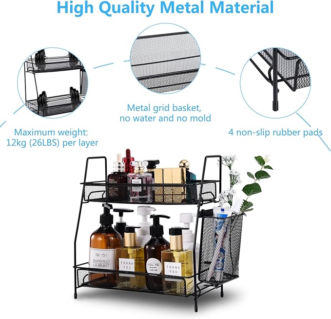 LEMIKKLE 2-Tier Bathroom Countertop Organizer,Skincare, Makeup Countertop Organizers, Kitchen, Bathroom Counter Storage with Small Basket (Black)