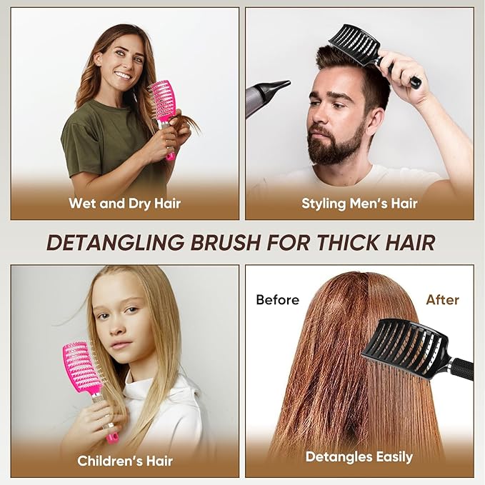 2 Pack Curved Vented Detangling Brush for Wet & Dry Hair, Paddle Styling Brush for Faster Blow Drying, Detangler for Women, Men, Curly, Thick Hair