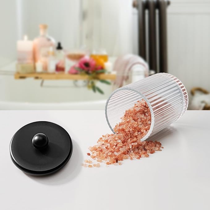 SheeChung 2-Pack Black Ribbed Glass Qtip Holder - Apothecary Jars Bathroom Organizer with Metal Lids - Countertop Vanity Canister Set for Cotton Swabs, Rounds, Pads, Floss Picks