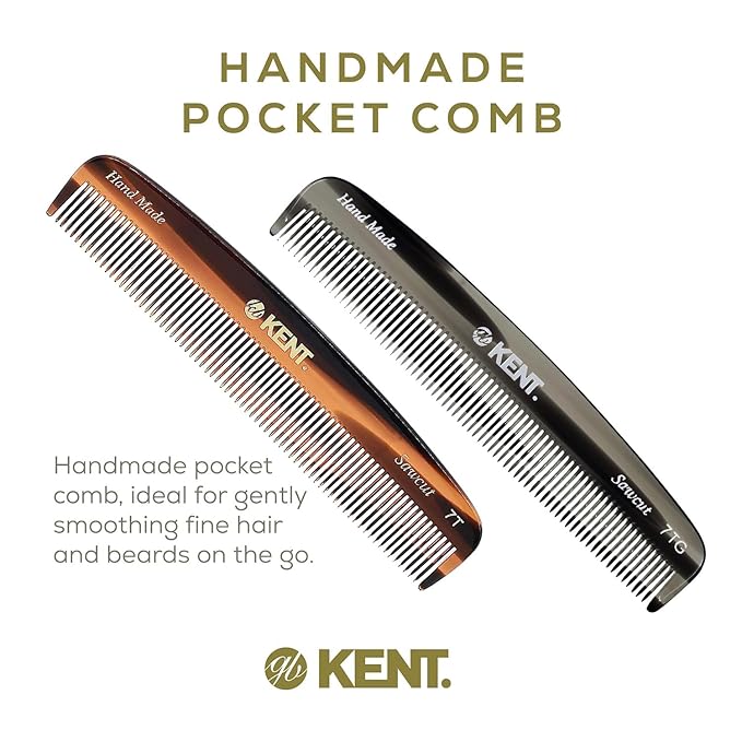 Kent 7T-7T G All Fine Tooth Pocket Comb for Men, Hair Comb Straightener for Everyday Grooming Styling Hair, Mustache and Beard, Use Dry or with Balms, Saw Cut and Hand Polished, Made in England