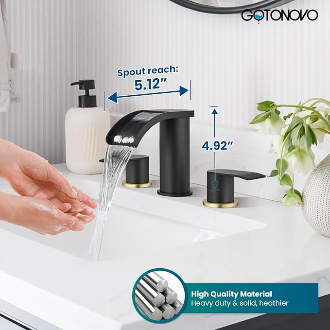 gotonovo Waterfall 8 inch Widespread Bathroom Faucet Set Bathroom Sink Faucet 3 Hole 2 Handle Vanity Lavatory Deck Mount with Pop Up Drain and Water Supply Lines Round Body Matte Black & Brushed Gold