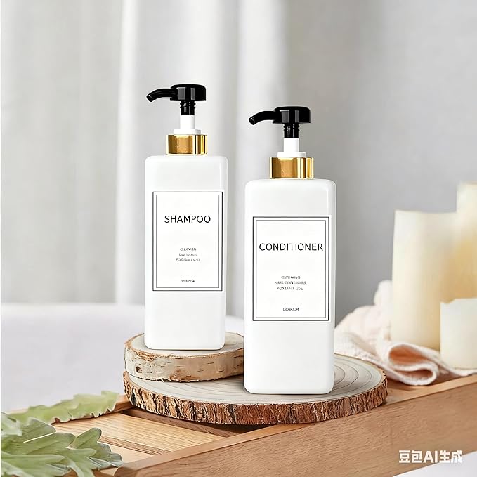 Modern Gold Shampoo and Conditioner Dispenser (21 oz, Pack of 3) Refillable Pump Bottle Set Empty Shower Plastic Bottles with Pump for Bathroom Body Wash Soap and Shower, 3 Types Waterproof Labels
