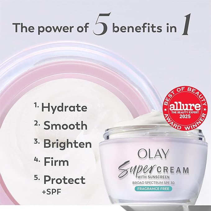 Olay Super Cream with Sunscreen SPF 30, Fragrance Free Lightweight Face Moisturizer with Sun Protection, 5-in-1 Skin Care - Hydrating, Brightening - Niacinamide, Vitamin C, Collagen, 1.7 oz