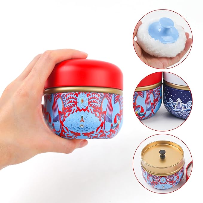 2 Pcs Body Powder Puff and Container Large with Powder Puffs Empty Bath Dusting Powder Box for Women Red & White