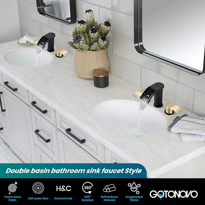 gotonovo Waterfall 8 inch Widespread Bathroom Faucet Set Bathroom Sink Faucet 3 Hole 2 Handle Vanity Lavatory Deck Mount with Pop Up Drain and Water Supply Lines Round Body Brushed Gold and Black