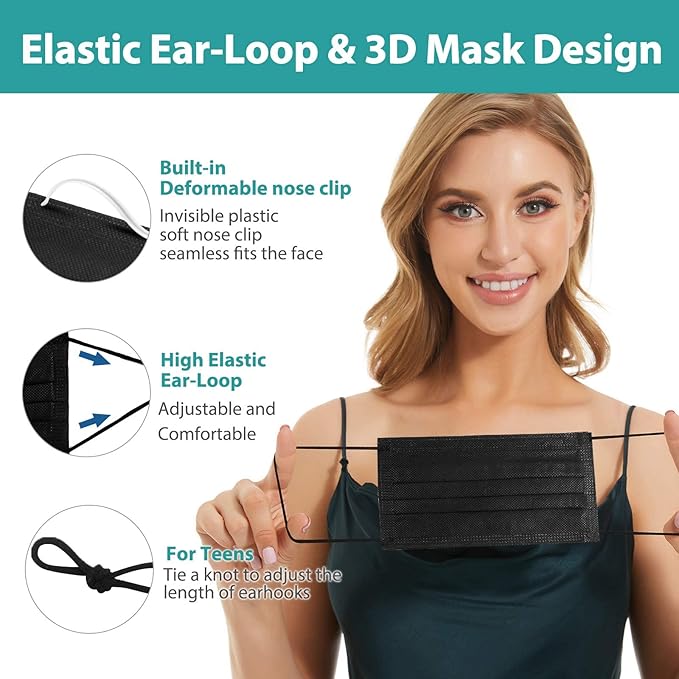 Disposable Mask 4 Layer 2023 Black Mask with White Inside, Breathable Single Use Dust Mask with Wider Soft Earloops for Adult Men Women Box 50 Pack