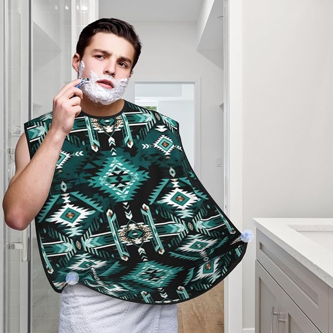 Waterproof Beard Grooming Bib, Teal Turquoise Tribal Navajo Aztec Geometric Ethnic Pattern Shave Bib, Non-Stick Hair Catcher for Shaving Trimming, Apron Essential for Men Dad